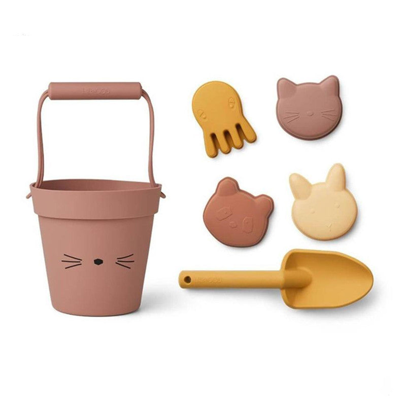 Silicone sandbox tool set for toddler/kids/babies that contains bucket, shovel and moulds
