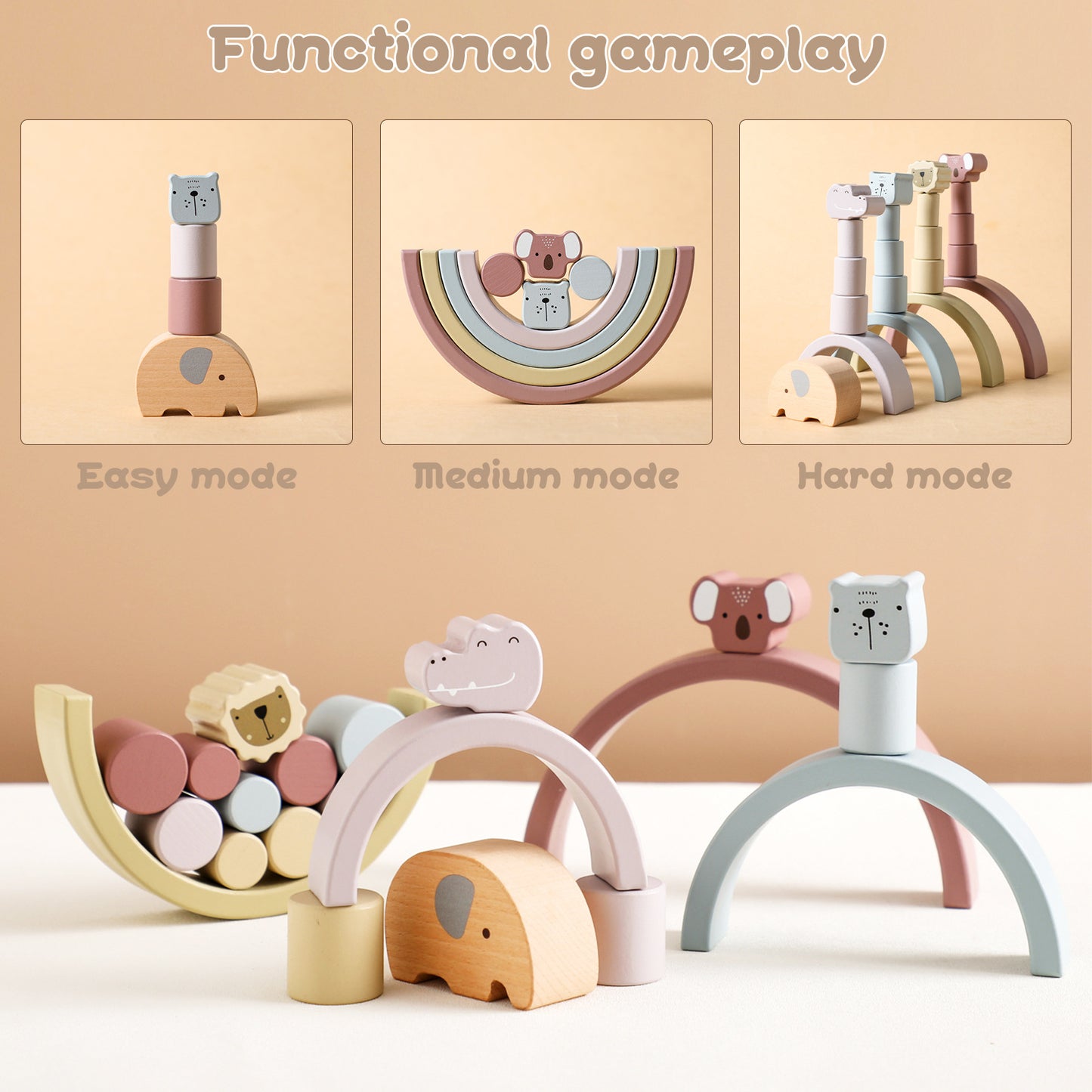 Stacking Wooden Rainbow and Animals Set