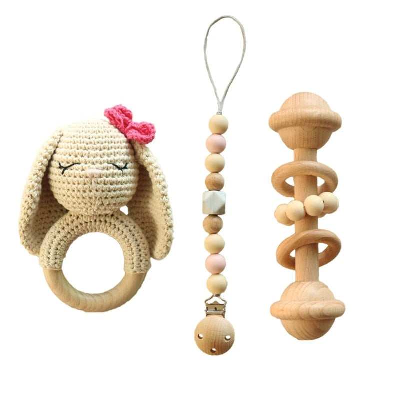Baby crochet rattle, teether and pacifier clip. Perfect baby/newborn gift set. 