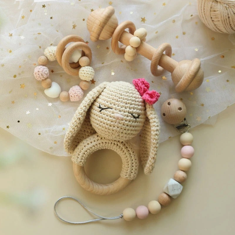 Bunny Baby crochet rattle, teether and pacifier clip. Perfect baby/newborn gift set. 