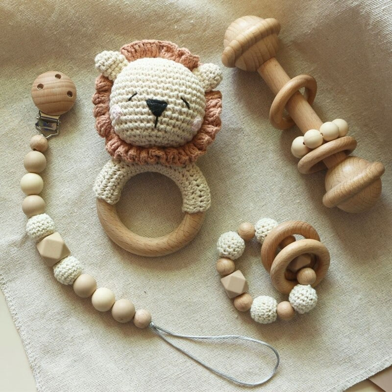Lion Baby crochet rattle, teether and pacifier clip. Perfect baby/newborn gift set. 