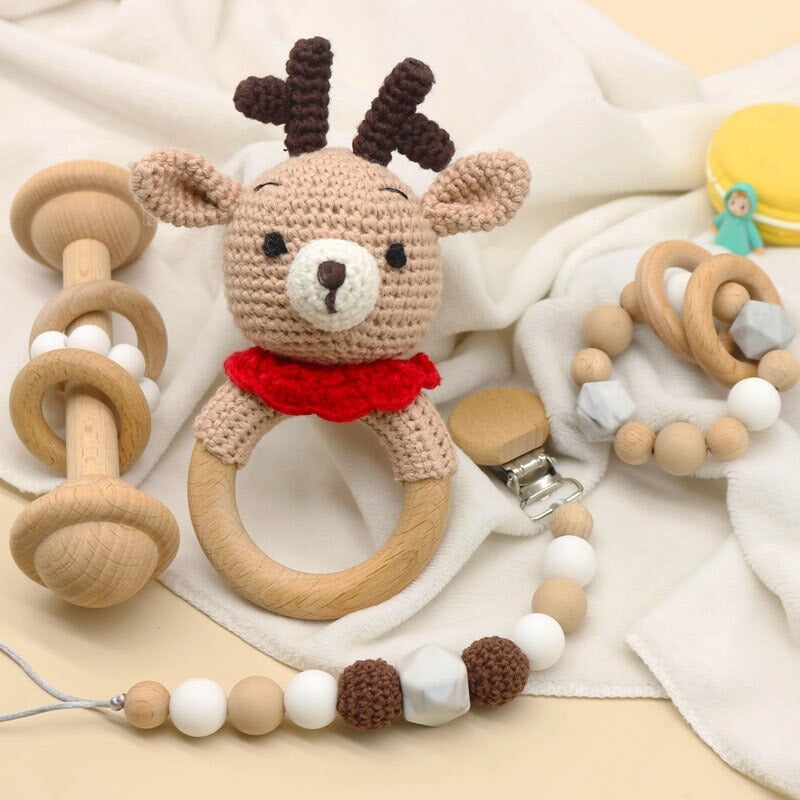 Deer Baby crochet rattle, teether and pacifier clip. Perfect baby/newborn gift set. 