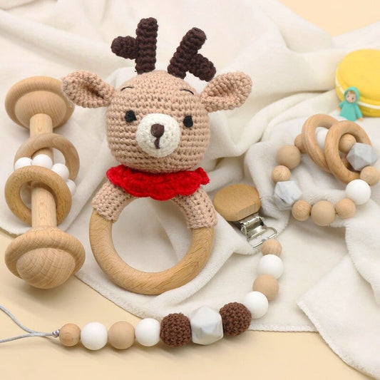 Crochet Deer Rattle, Pacifier Clip and Teether Baby Gift Set