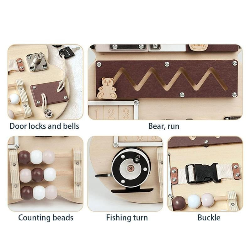 Bear shaped busy board with many play options